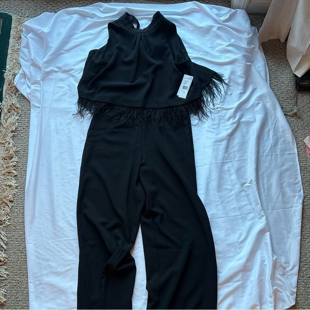 Julia Jordan | Black High-Neck Jumpsuit with Feather Detail Sz 4 NWT